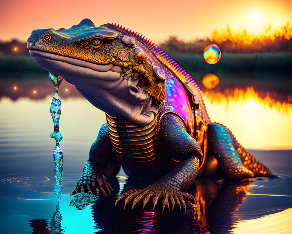 Colorful digital artwork: Stylized lizard with intricate patterns and jewels, by water at sunset.