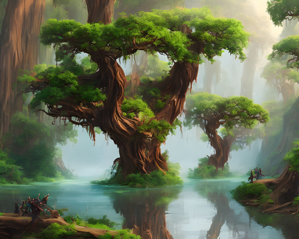 Ancient Trees and Serene River in Mystical Forest