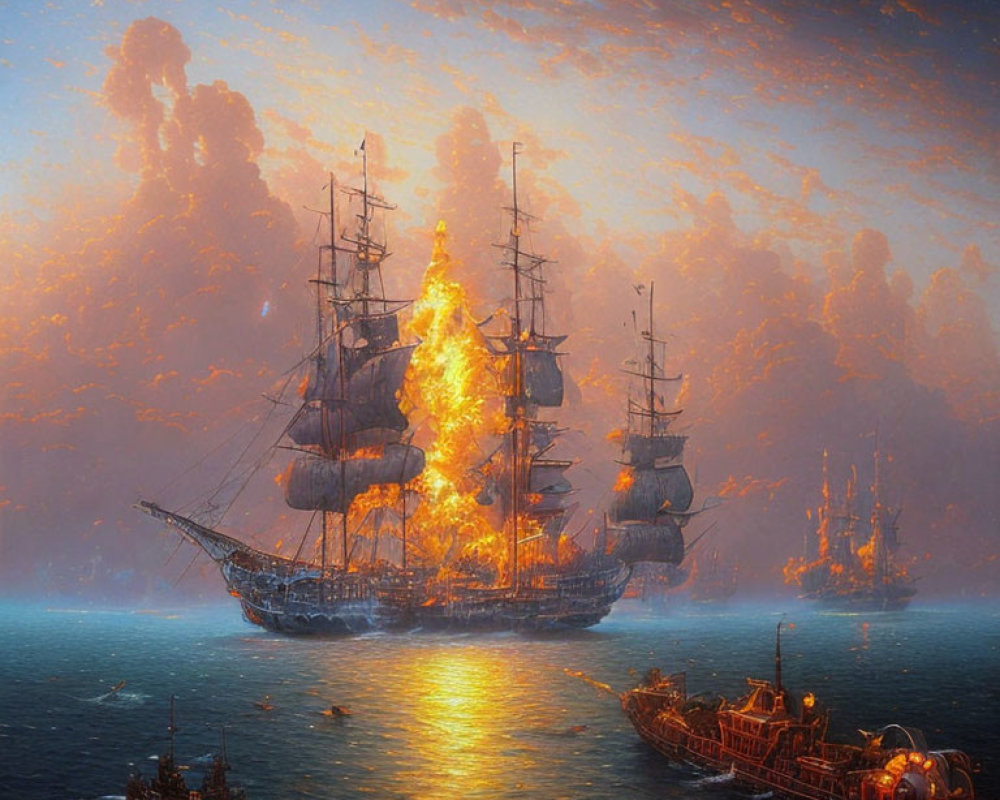 Burning tall ship surrounded by boats at sea at sunset