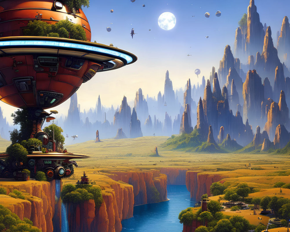 Fantastical landscape with towering rock formations and futuristic city above waterfalls