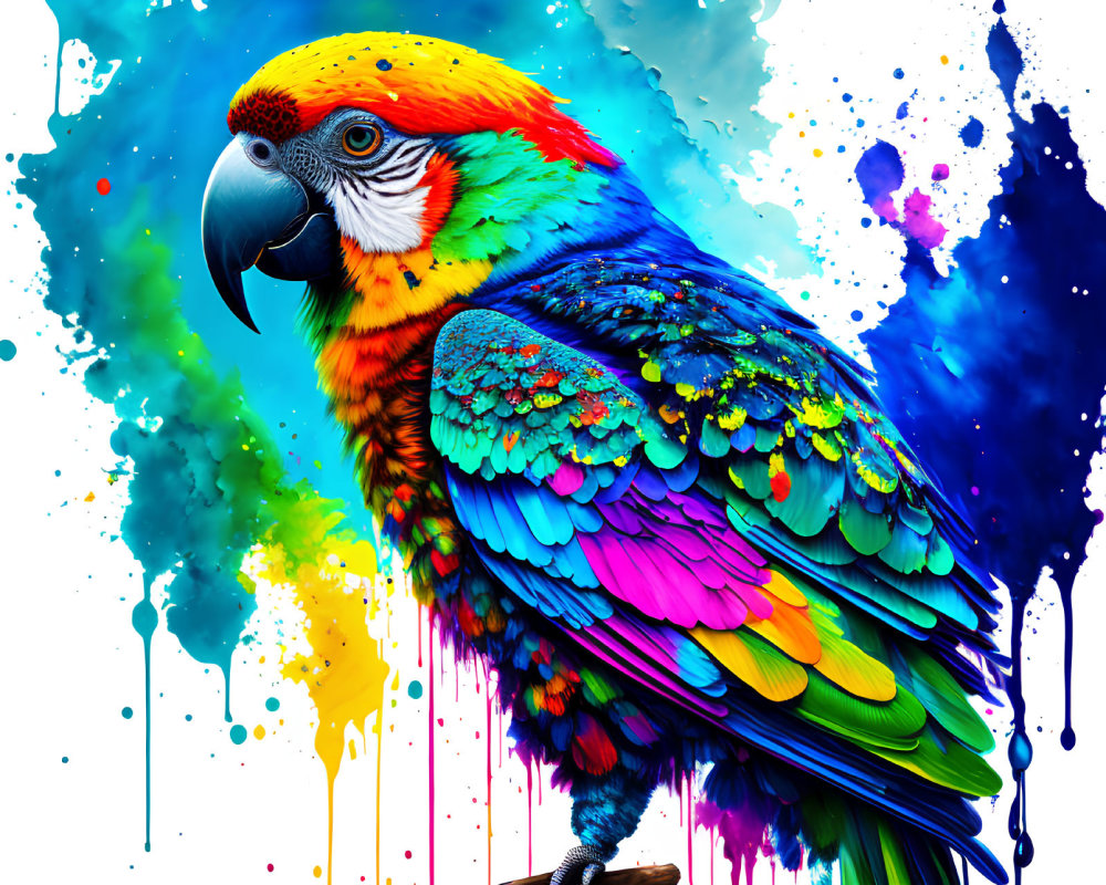 Colorful Macaw Parrot Artwork with Paint Splatters on White Background