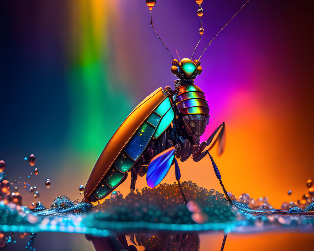 Colorful Mechanical Beetle Creature on Reflective Surface with Suspended Water Droplets