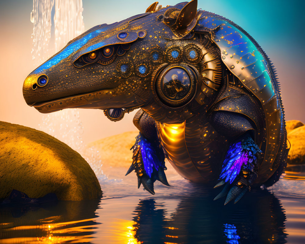 Intricate Mechanical Lizard with Blue Glowing Elements by Waterfall at Twilight