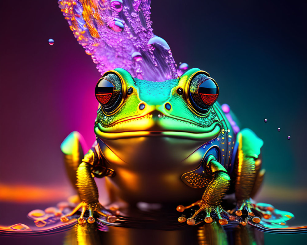 Colorful Frog Digital Artwork with Red Eyes and Textured Skin in Liquid Splash