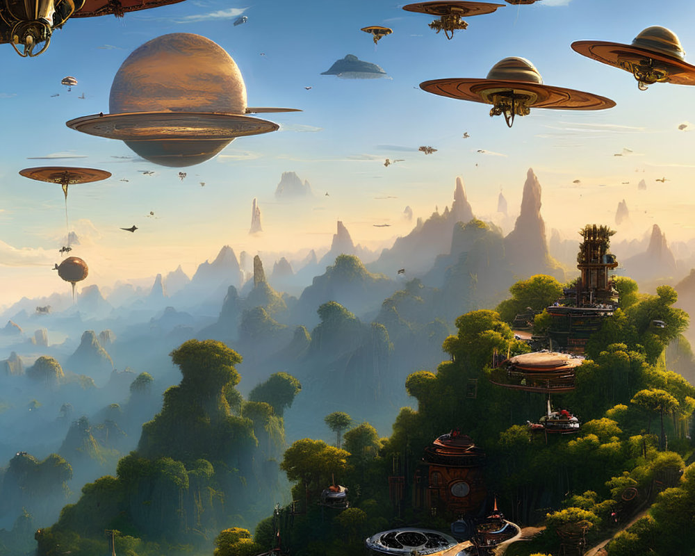 Fantastical landscape with floating islands, airships, forests, and rock formations