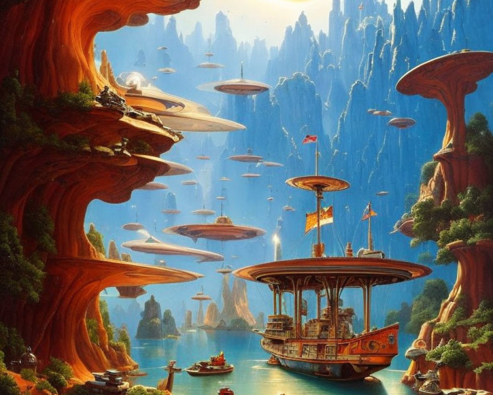 Fantastical landscape with towering mushrooms, flying saucers, boats, and warm sunset sky