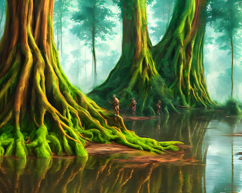 Tranquil forest scene with massive trees and river wading group