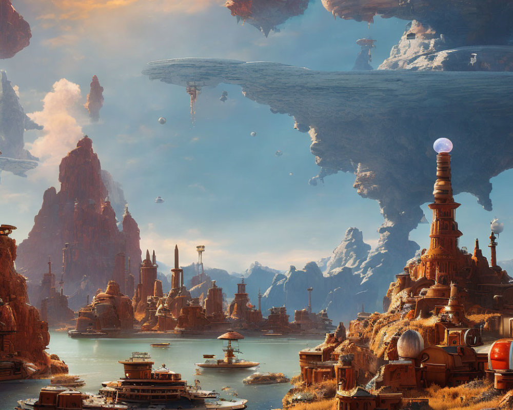 Fantastical landscape with floating islands, advanced city, and tranquil sea.