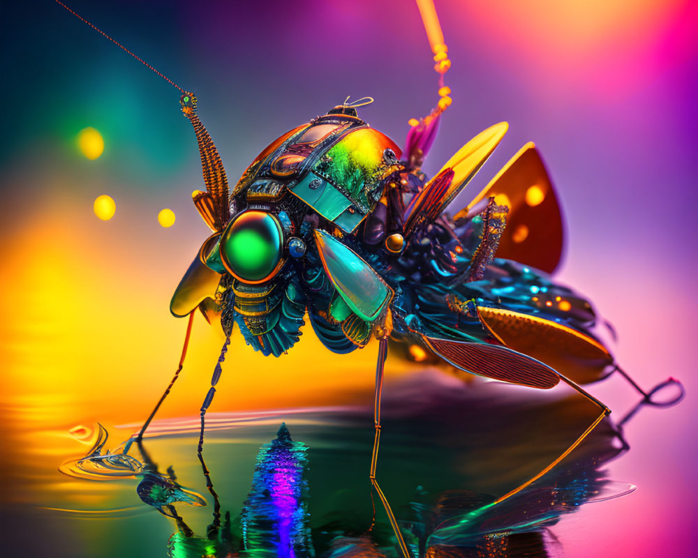 Colorful digital artwork: mechanical insect with shiny textures on vibrant backdrop