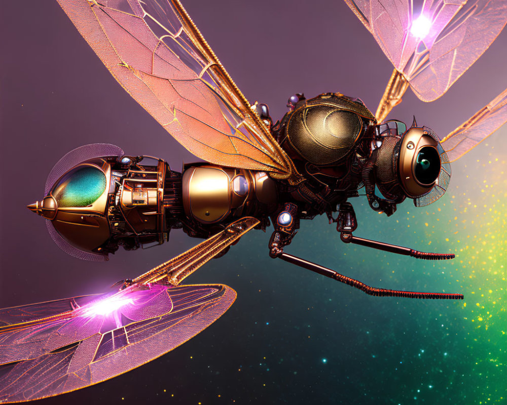 Steampunk-inspired mechanical dragonfly with luminous wings on starry backdrop