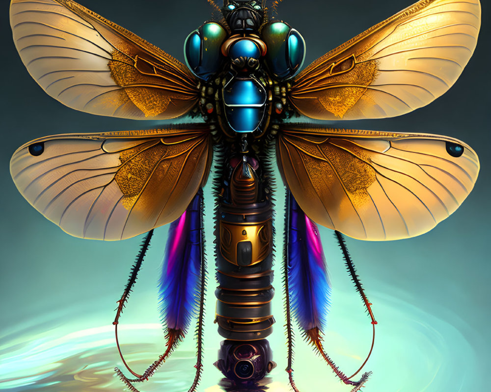 Detailed Mechanical Dragonfly Illustration with Vibrant Wings