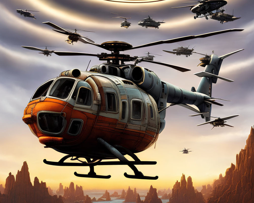 Futuristic helicopter illustration with dramatic sky and rock formations