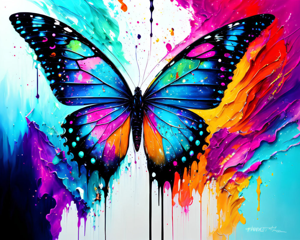 Colorful Abstract Butterfly Artwork with Splattered Paint and Dripping Colors