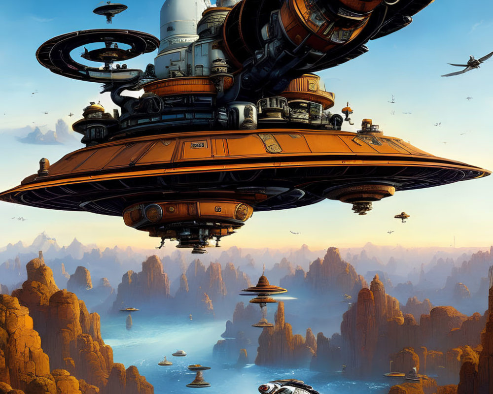 Futuristic city on floating platform over rocky terrain & aircraft in clear blue sky