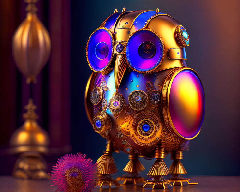 Steampunk-style spherical object with gears and metallic embellishments on moody backdrop.