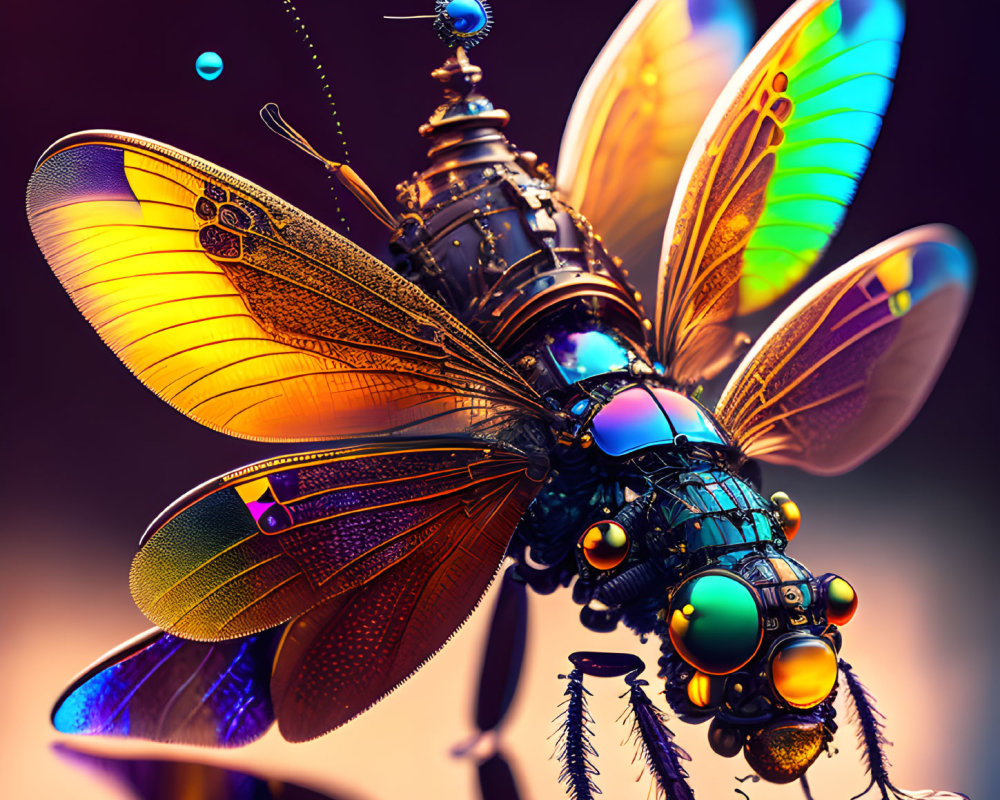 Colorful digital artwork: Mechanical insect with translucent wings & gears on warm backdrop