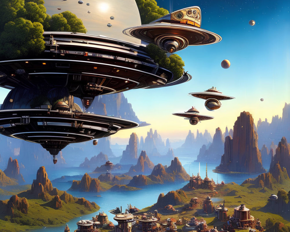 Sci-fi landscape with towering rocks, cities, and spacecraft in a planetary sky