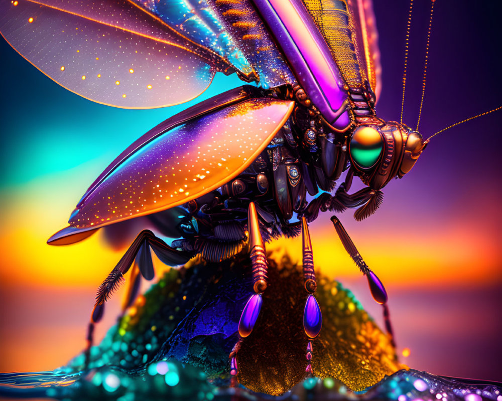 Colorful digital artwork of a mechanical insect with iridescent wings on sunset background