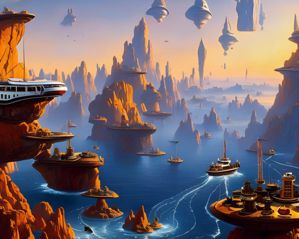 Futuristic landscape with floating islands and waterways under a sky with planets.