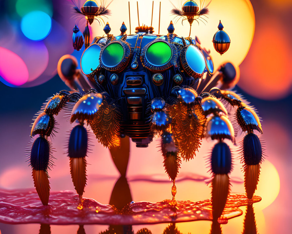 Detailed digital artwork: Mechanical spider with glowing blue eyes on colorful bokeh background