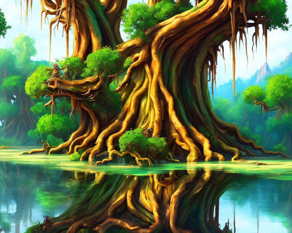 Majestic ancient tree illustration with twisted roots in tranquil water landscape