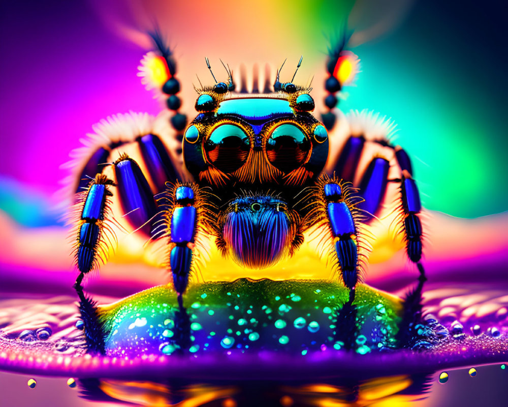 Colorful iridescent jumping spider on reflective surface with psychedelic background