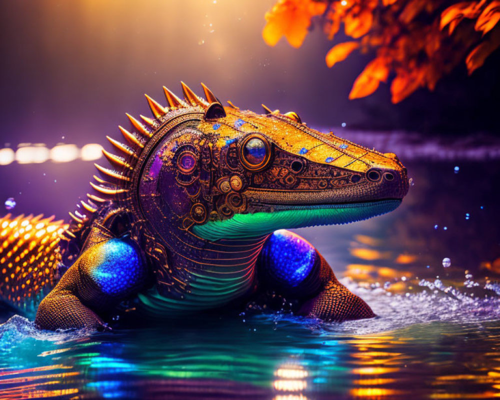 Intricate golden-patterned mechanical iguana by water with glowing blue parts and orange foliage