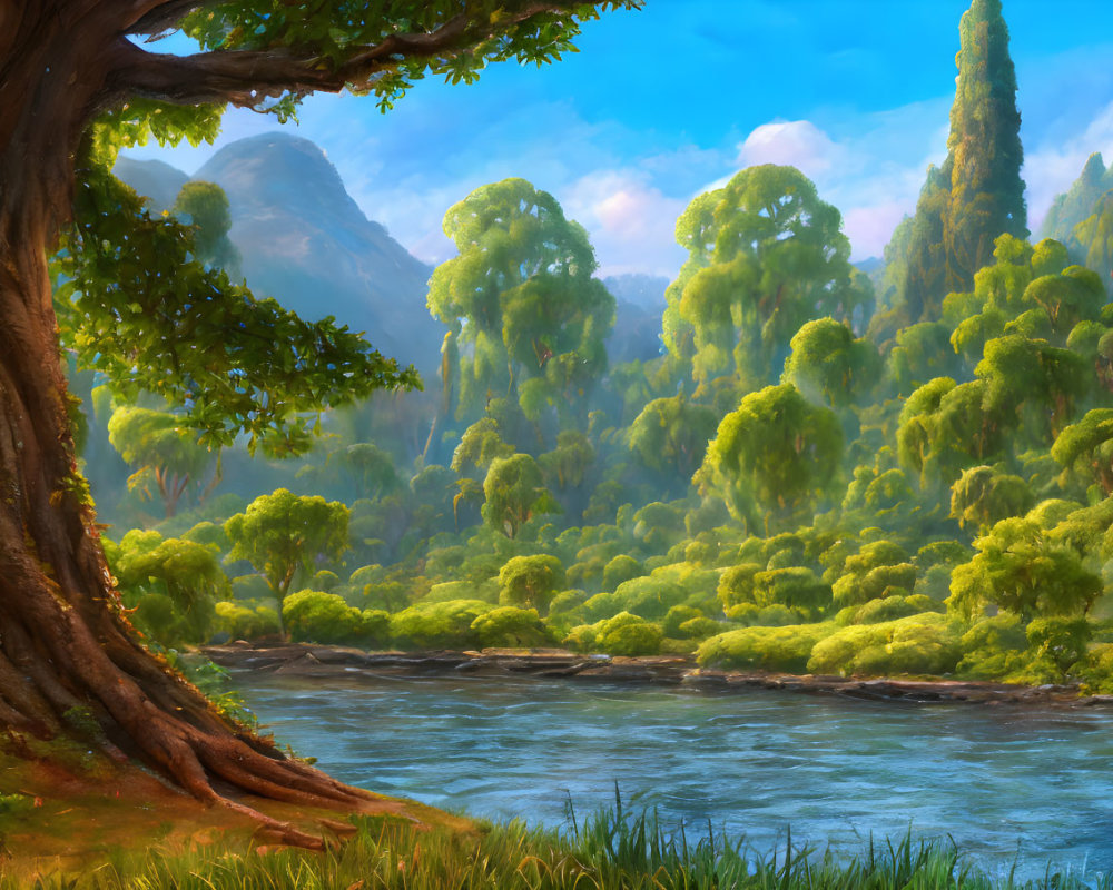 Tranquil riverside landscape with lush greenery and hills