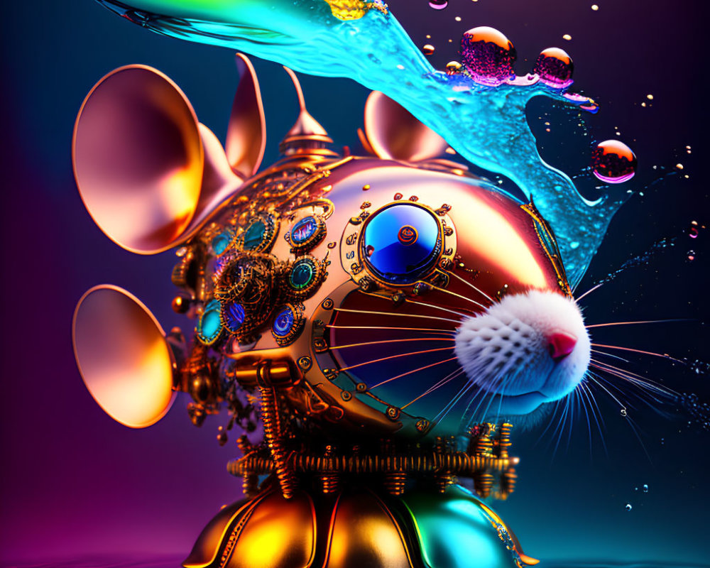 Shiny gold robotic cat with gears in vibrant liquid splashes