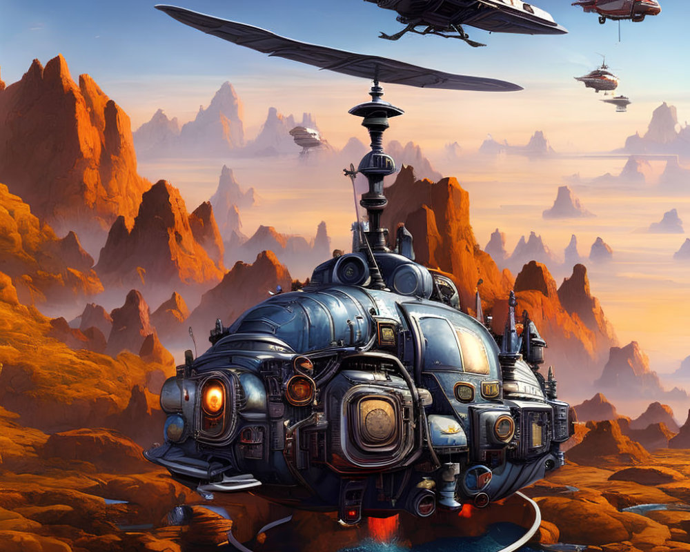 Futuristic outpost with dome-like structures on rugged terrain under amber sky