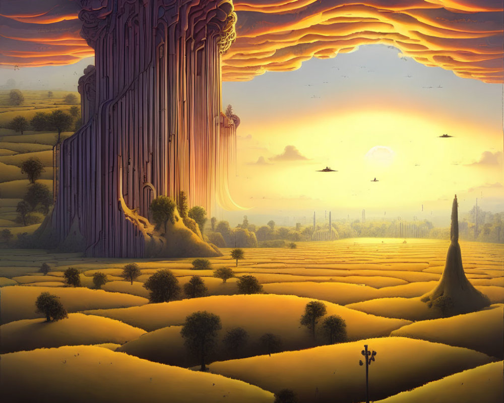 Fantastical landscape with towering cliffs, orange sky, rolling hills, and flying crafts.