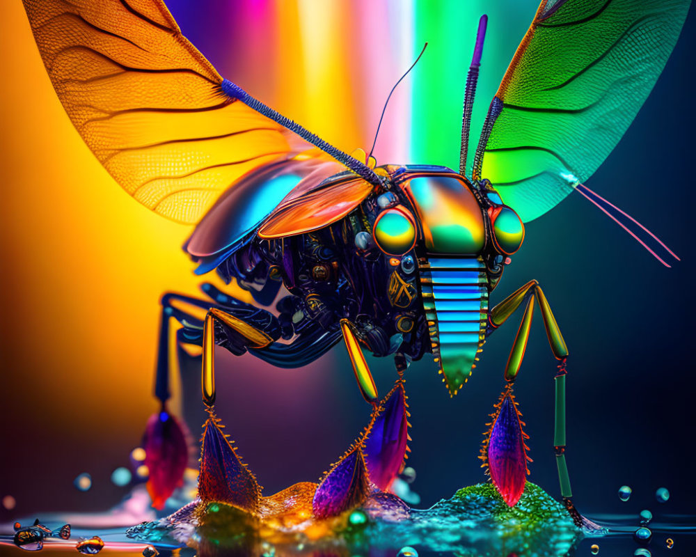 Colorful Mechanical Insect with Delicate Wings on Gradient Background