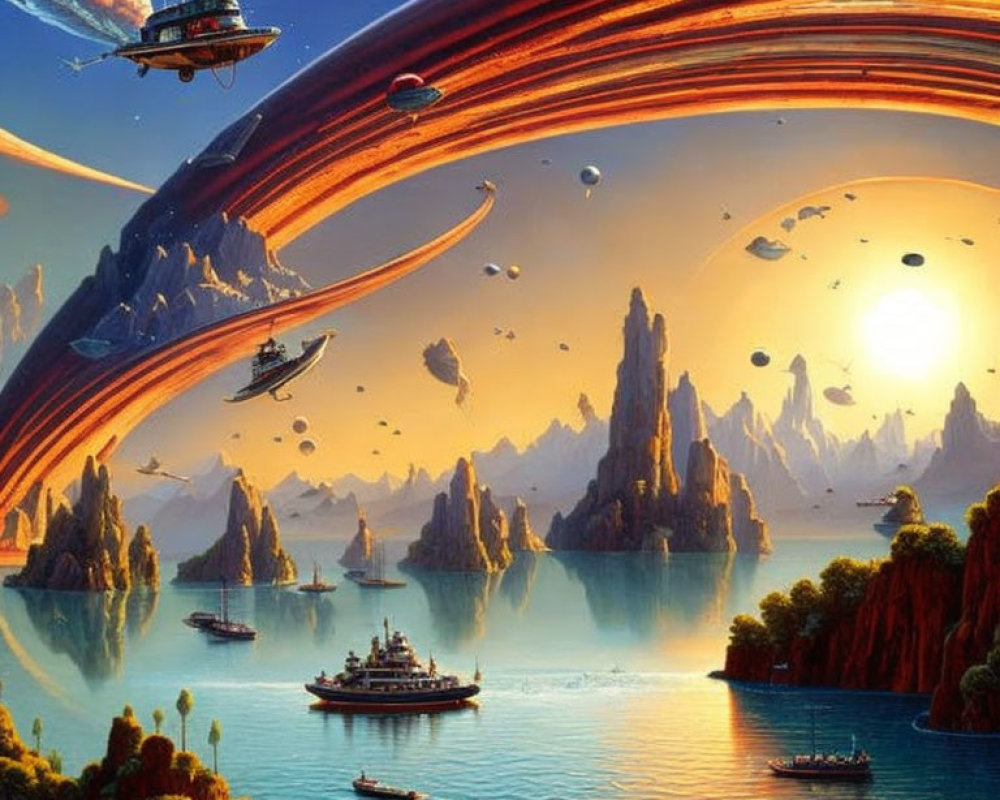 Sci-fi landscape with spaceships, ringed planet, sunlit mountains, and reflective water.