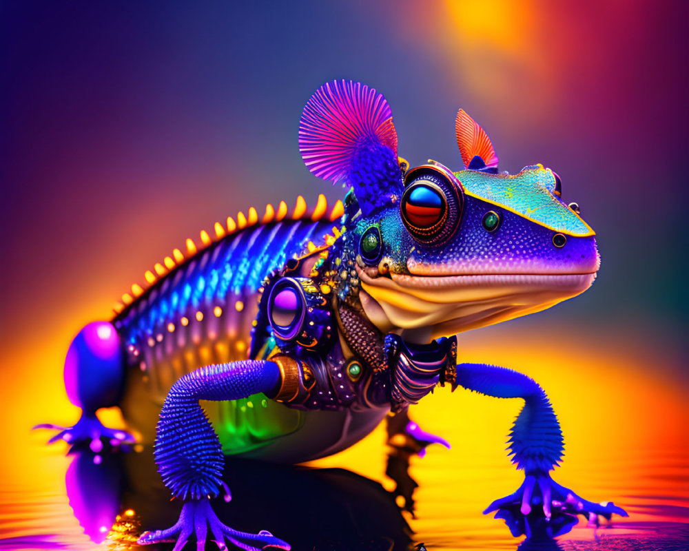 Colorful Digital Illustration of Mechanical Gecko on Reflective Surface