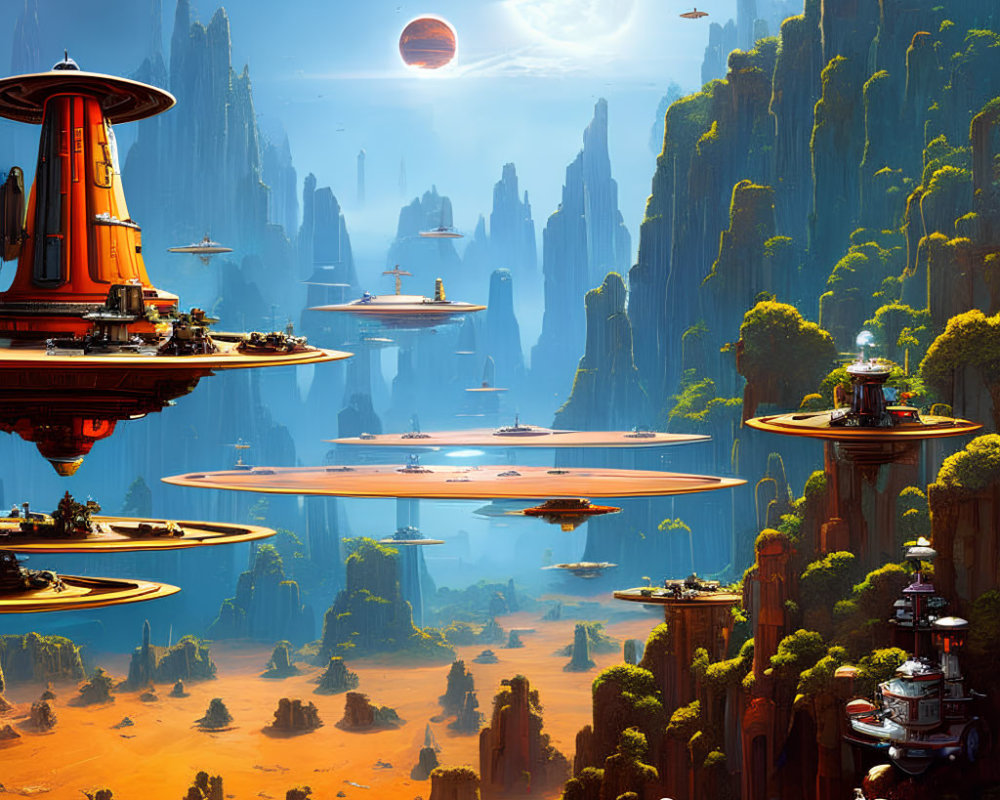 Futuristic sci-fi landscape with rock formations, floating structures, and alien planet.