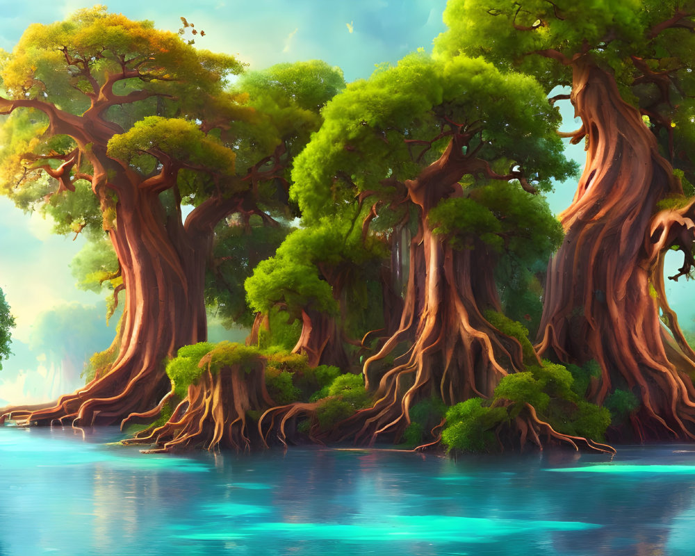 Ancient towering trees with intricate roots by a serene turquoise river