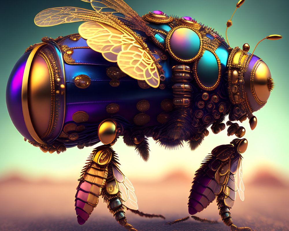 Steampunk-inspired metallic bee in desert with mini versions