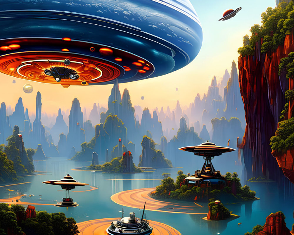 Sci-fi landscape with colossal spaceships, cliffs, waters, futuristic structures & lush vegetation