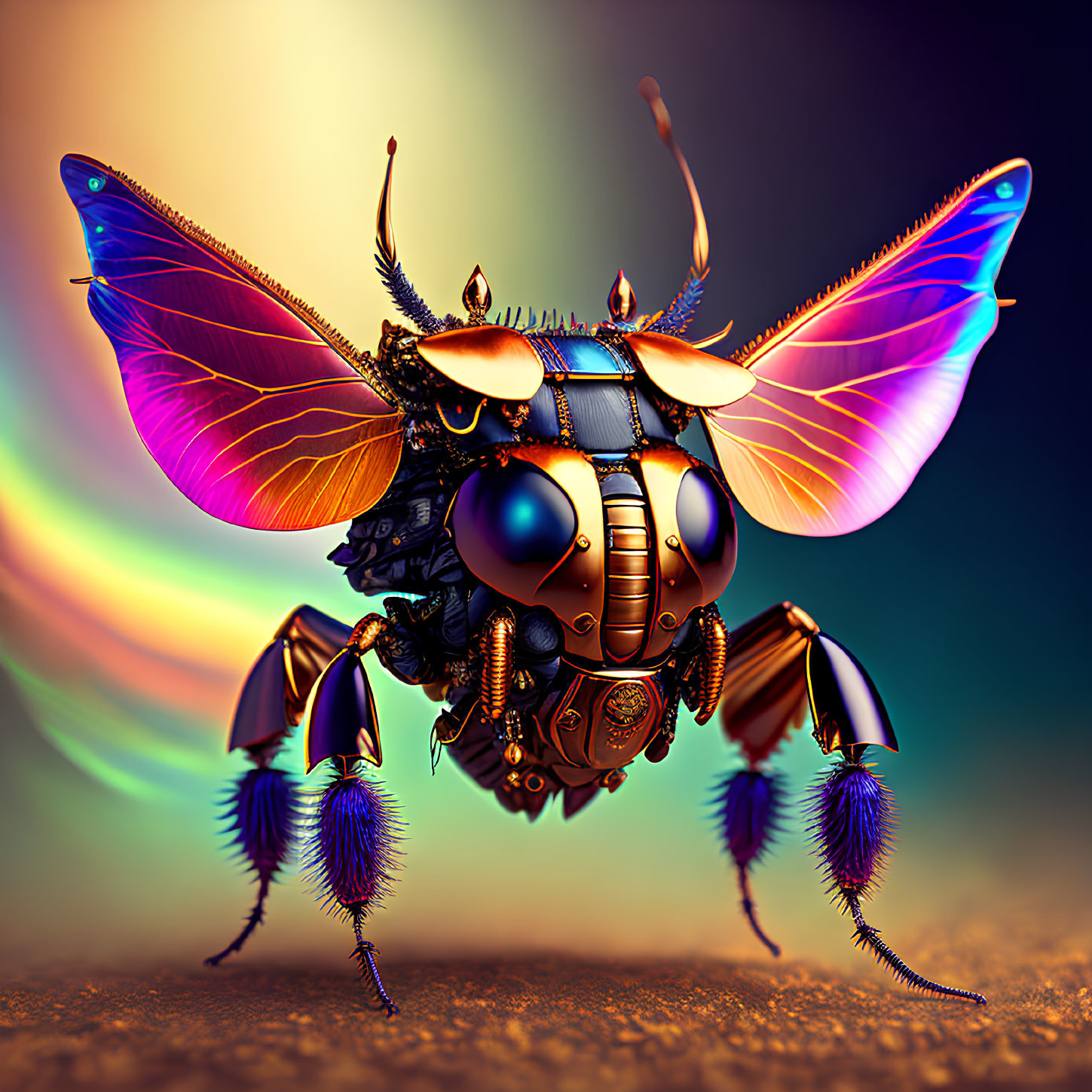 Detailed Mechanical Bee Artwork with Vibrant Wings and Metallic Body on Colorful Background