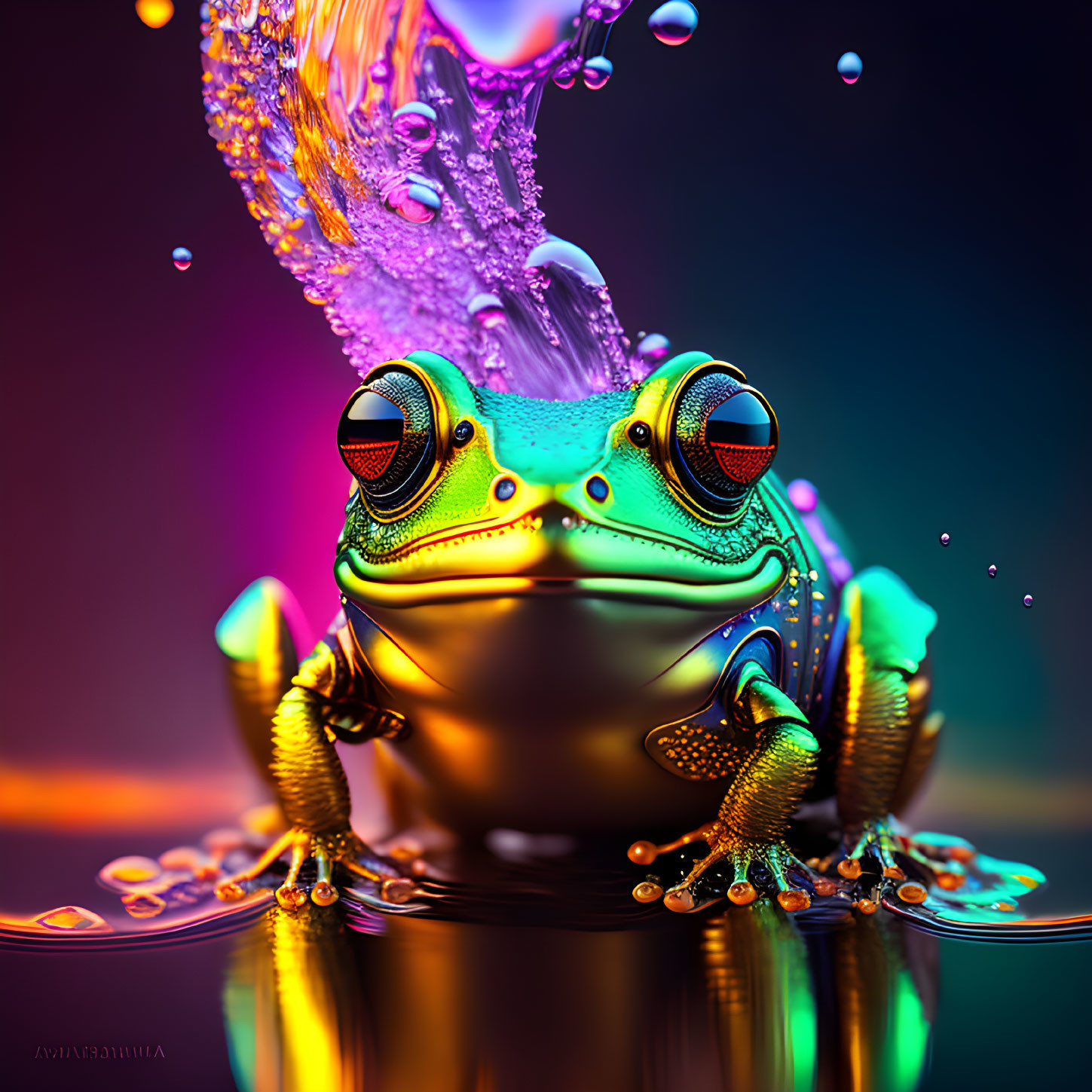 Colorful Frog Digital Artwork with Red Eyes and Textured Skin in Liquid Splash