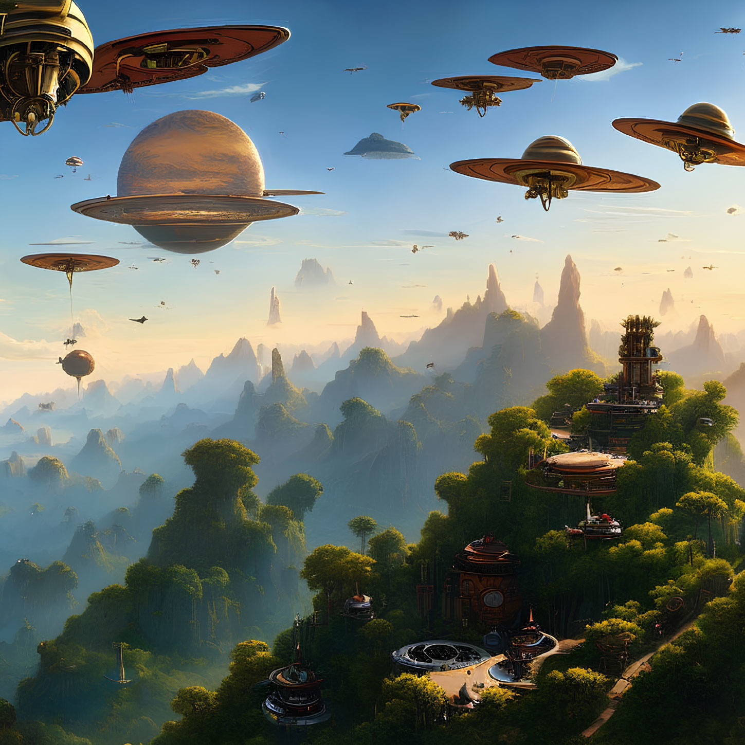 Fantastical landscape with floating islands, airships, forests, and rock formations