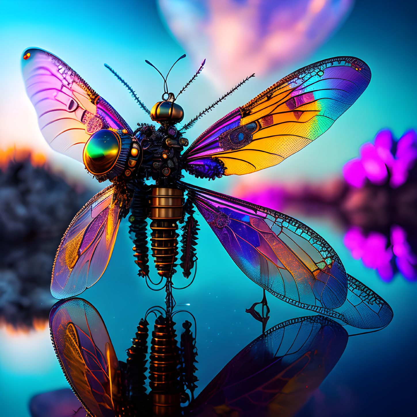 Colorful Mechanical Butterfly with Gears on Soft-focus Pink and Blue Background