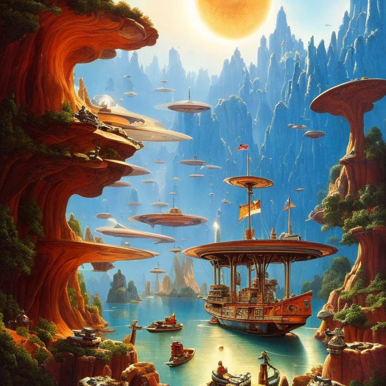 Fantastical landscape with towering mushrooms, flying saucers, boats, and warm sunset sky