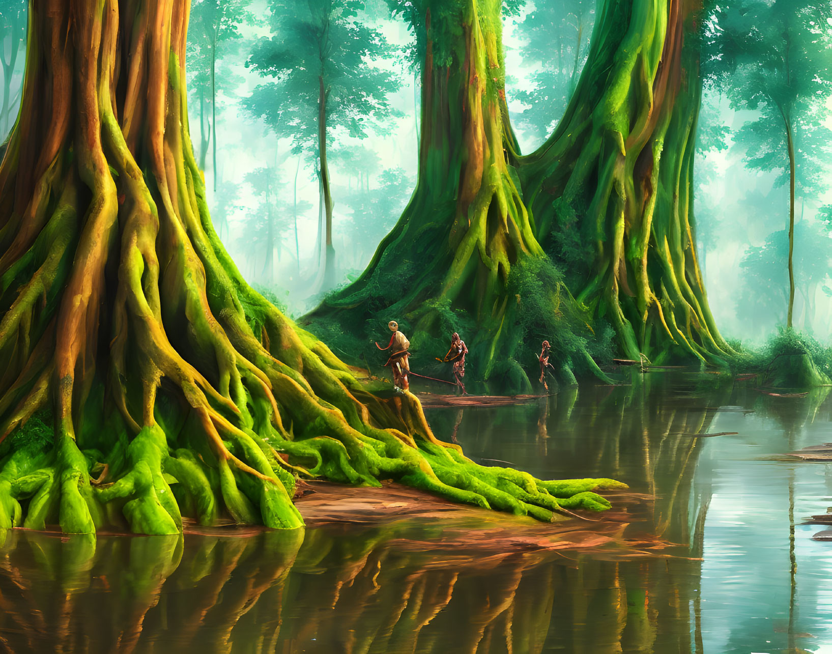 Tranquil forest scene with massive trees and river wading group