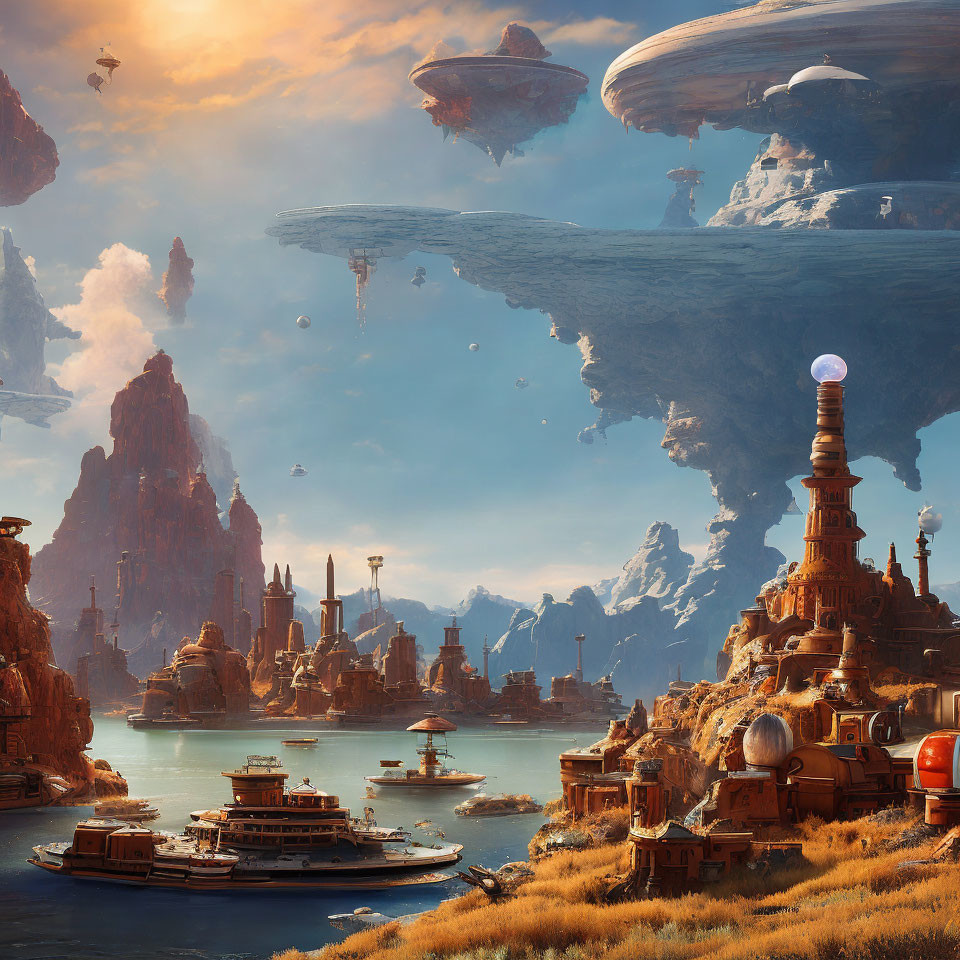 Fantastical landscape with floating islands, advanced city, and tranquil sea.