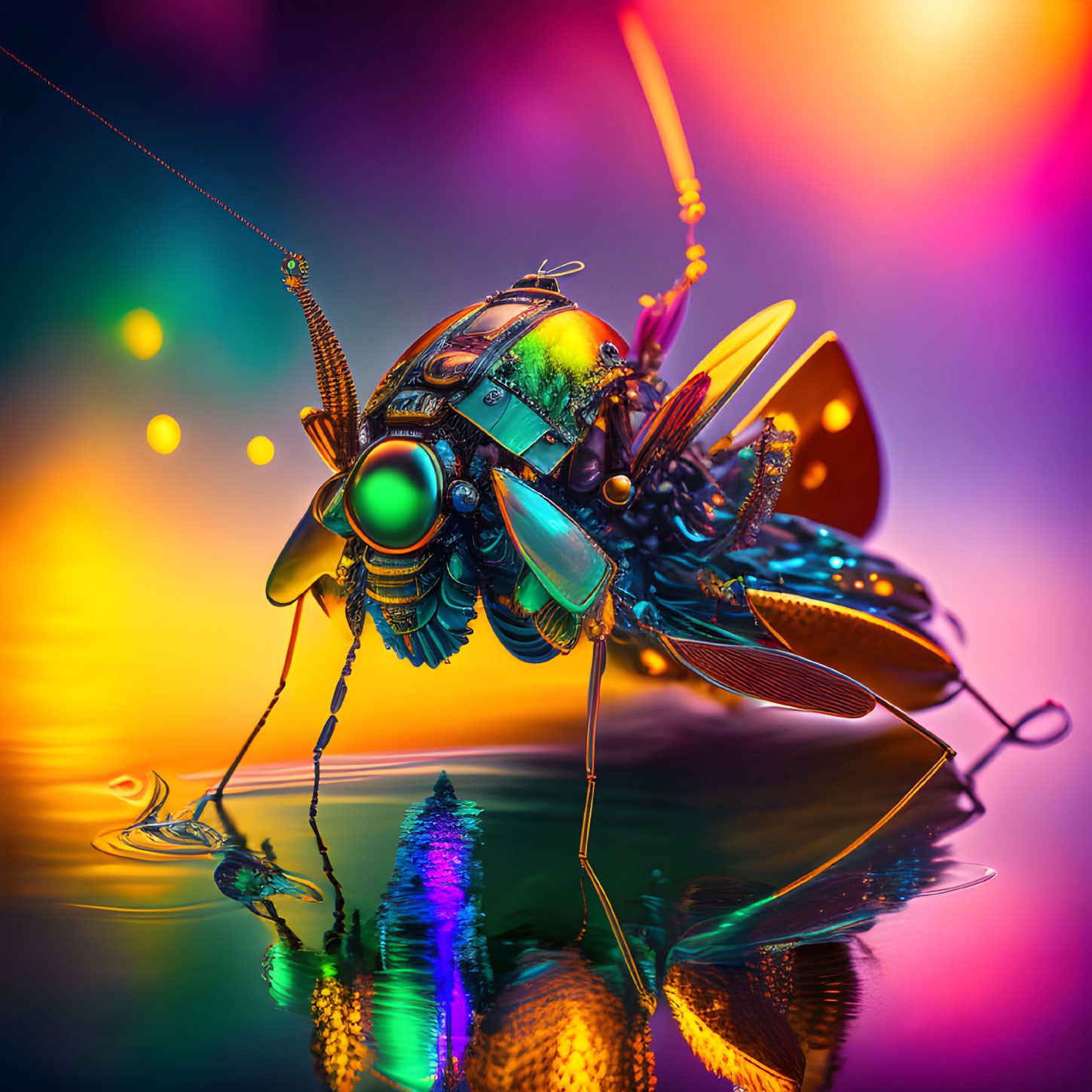 Colorful digital artwork: mechanical insect with shiny textures on vibrant backdrop