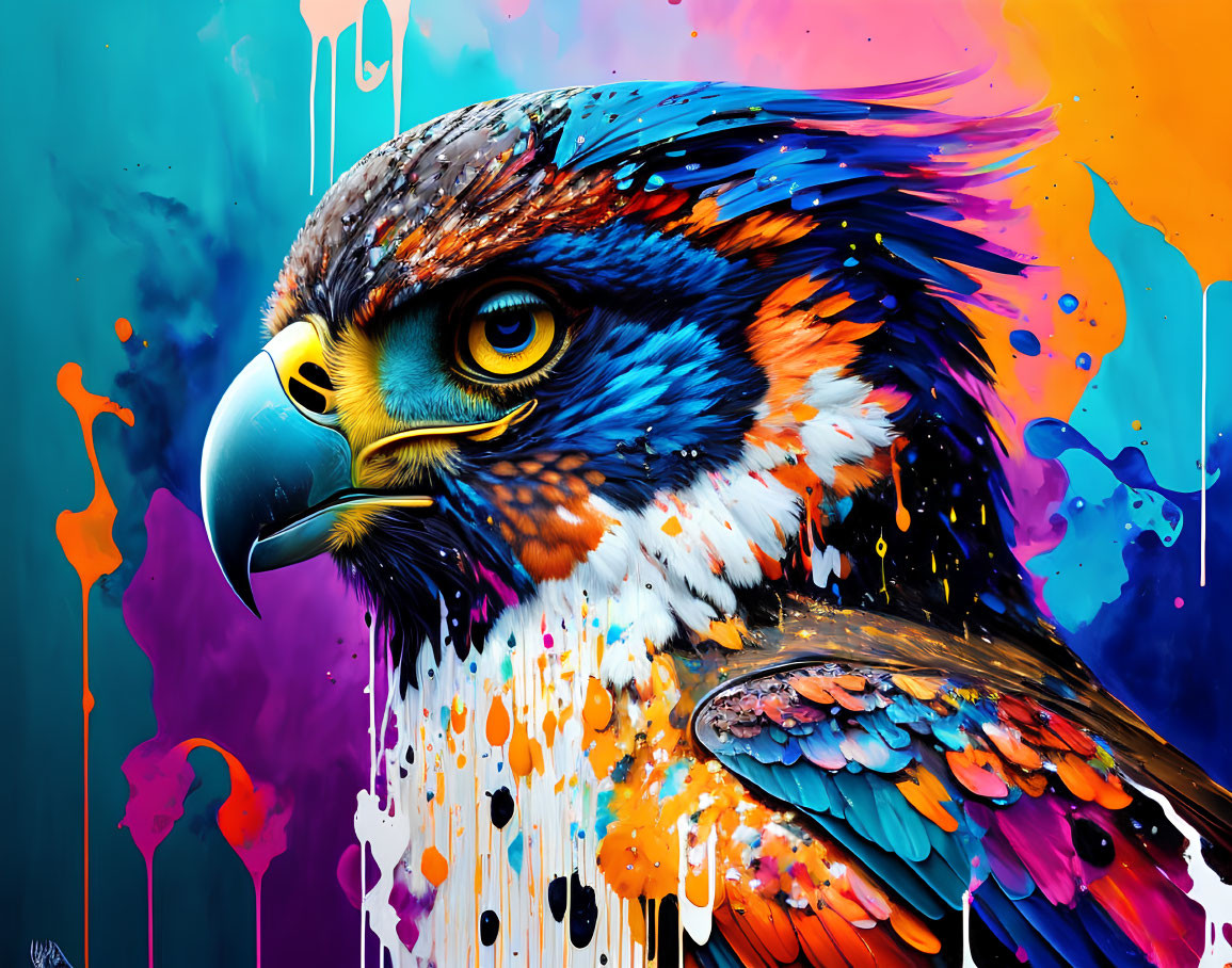 Colorful Eagle Artwork with Realistic and Abstract Elements in Blue, Orange, and Purple