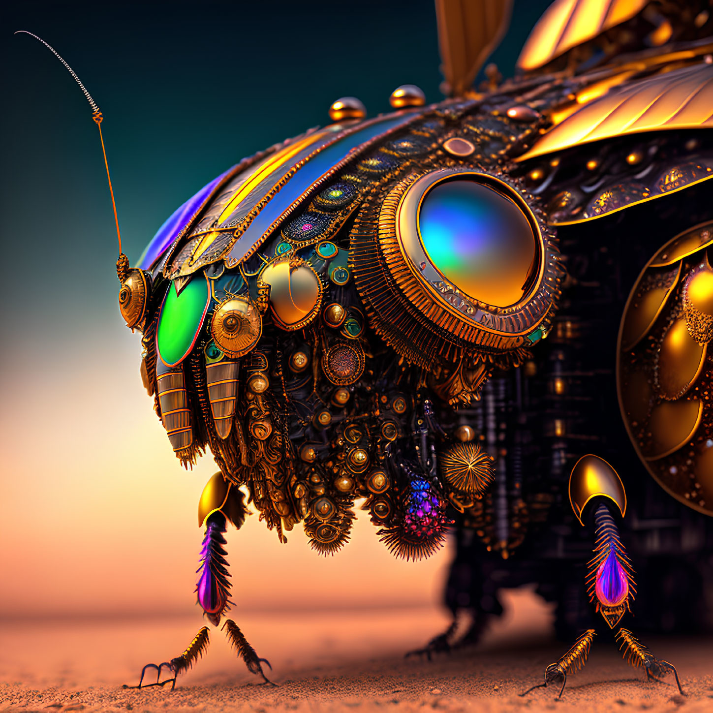 Detailed Mechanical Bee with Iridescent Wings on Sunset Background