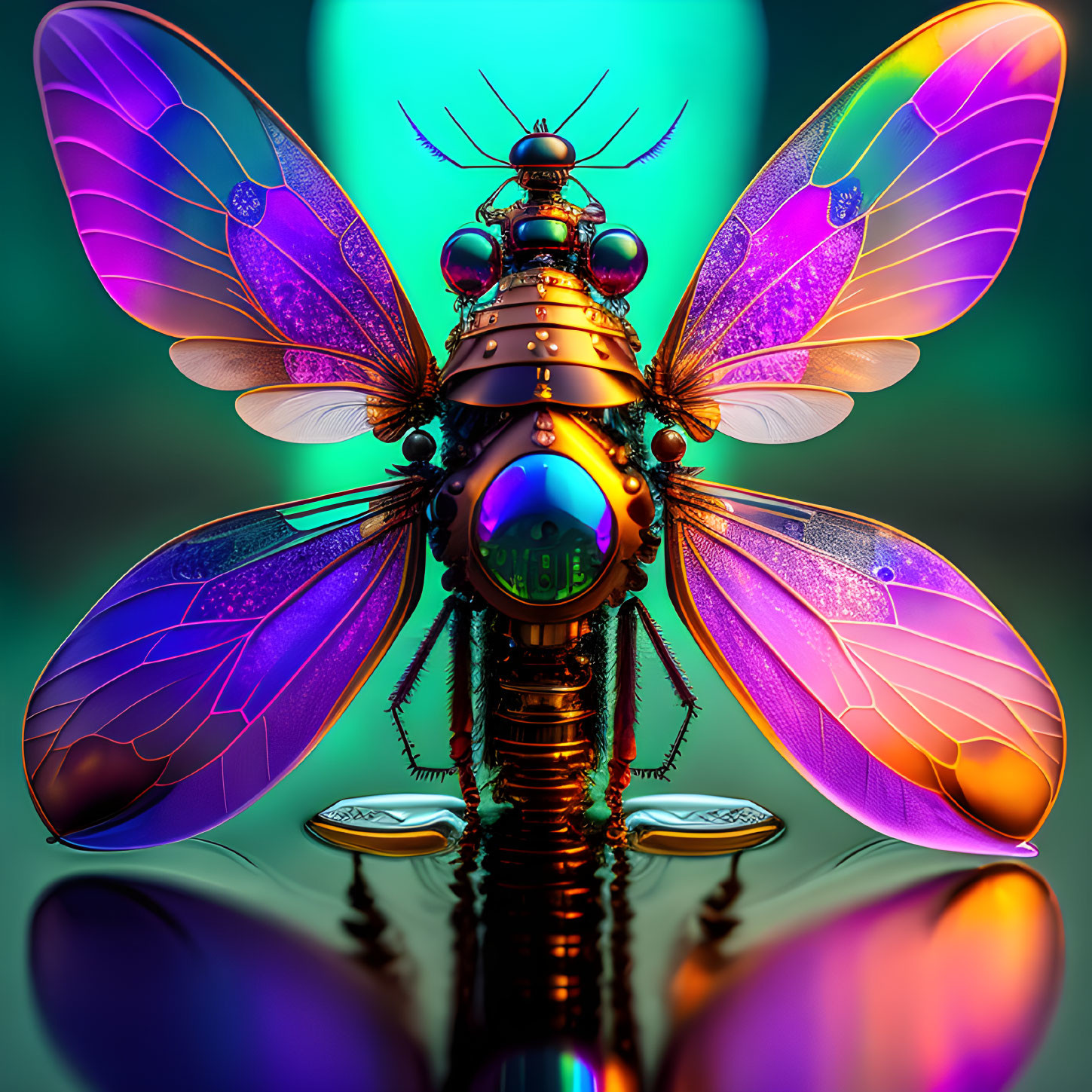 Colorful digital artwork of a metallic dragonfly with iridescent wings.