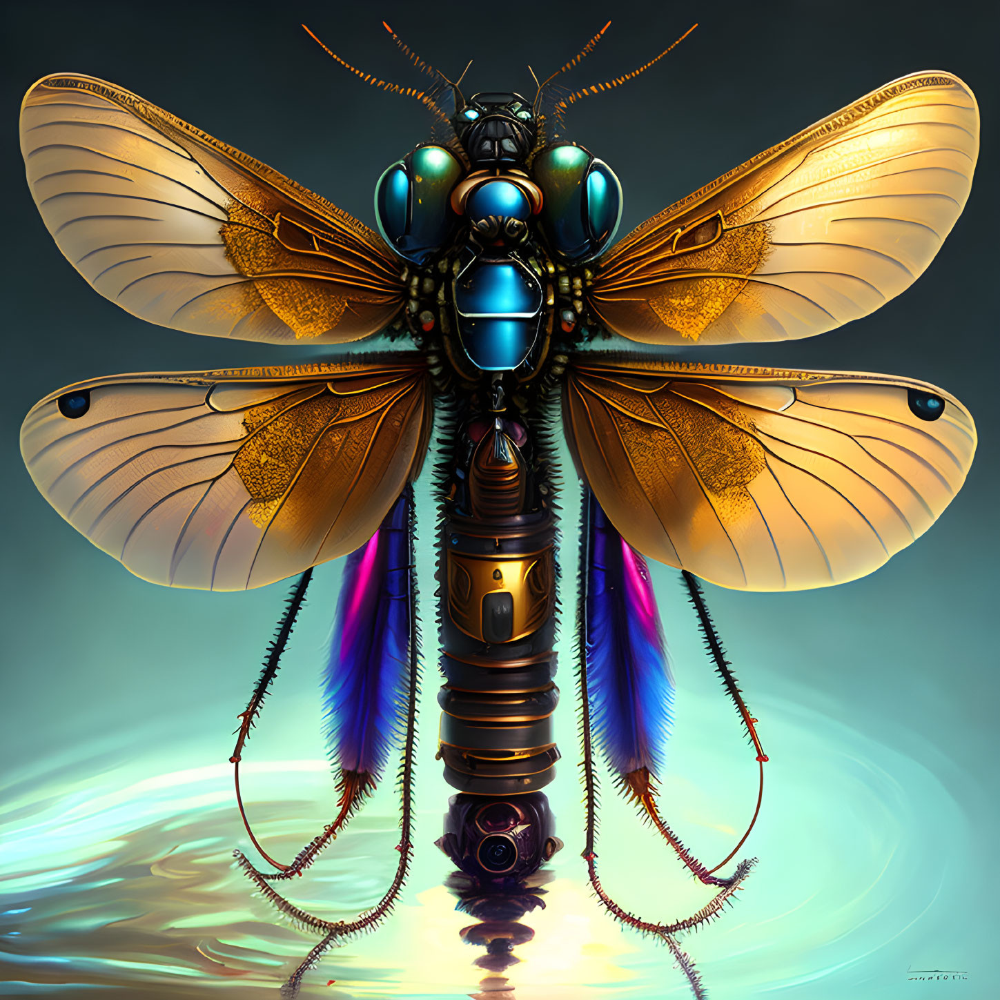 Detailed Mechanical Dragonfly Illustration with Vibrant Wings